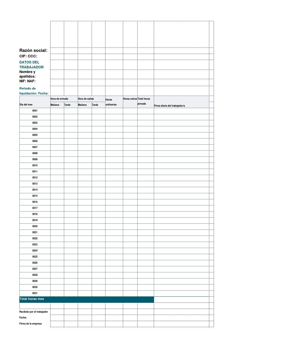 Ejemplo en papel de registro jornada